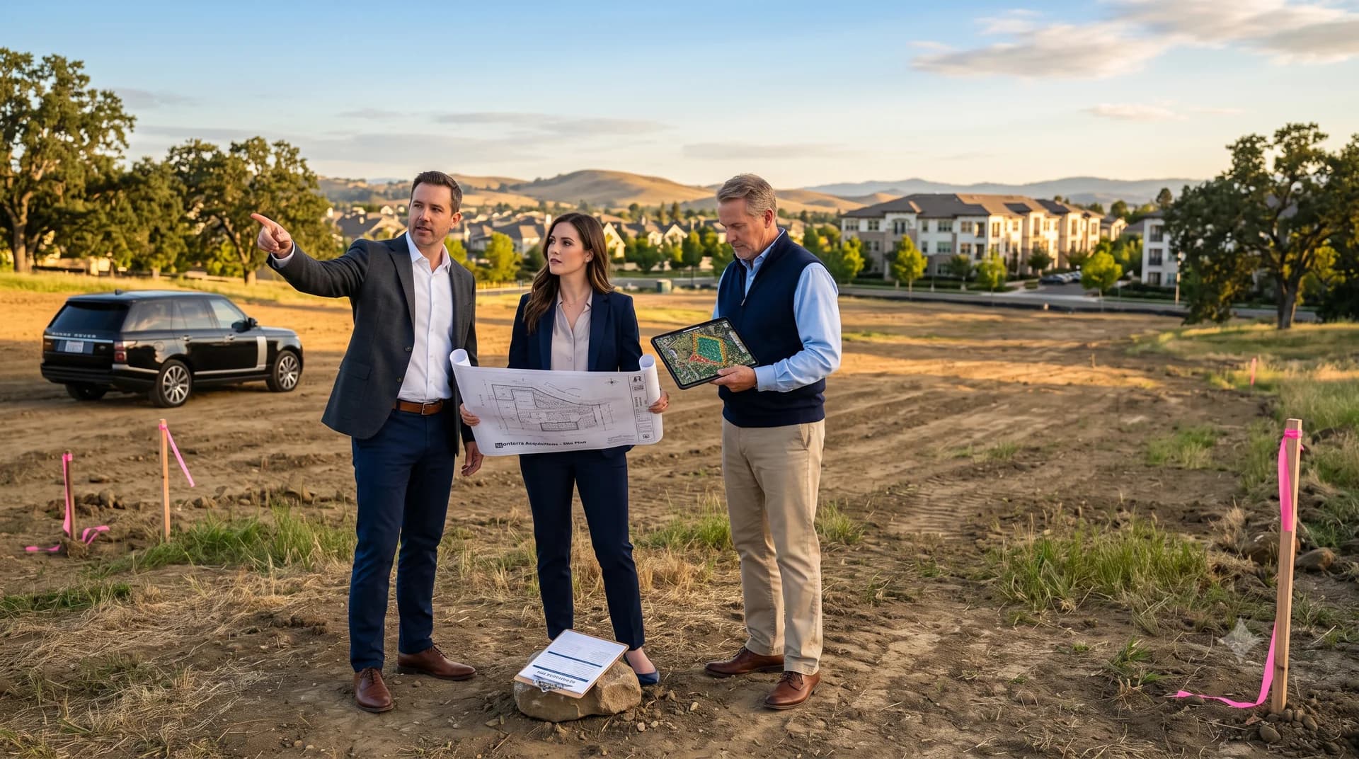 Three people standing on a cleared plot marked with survey stakes, one pointing across the ground while the others hold an unrolled site plan and a tablet