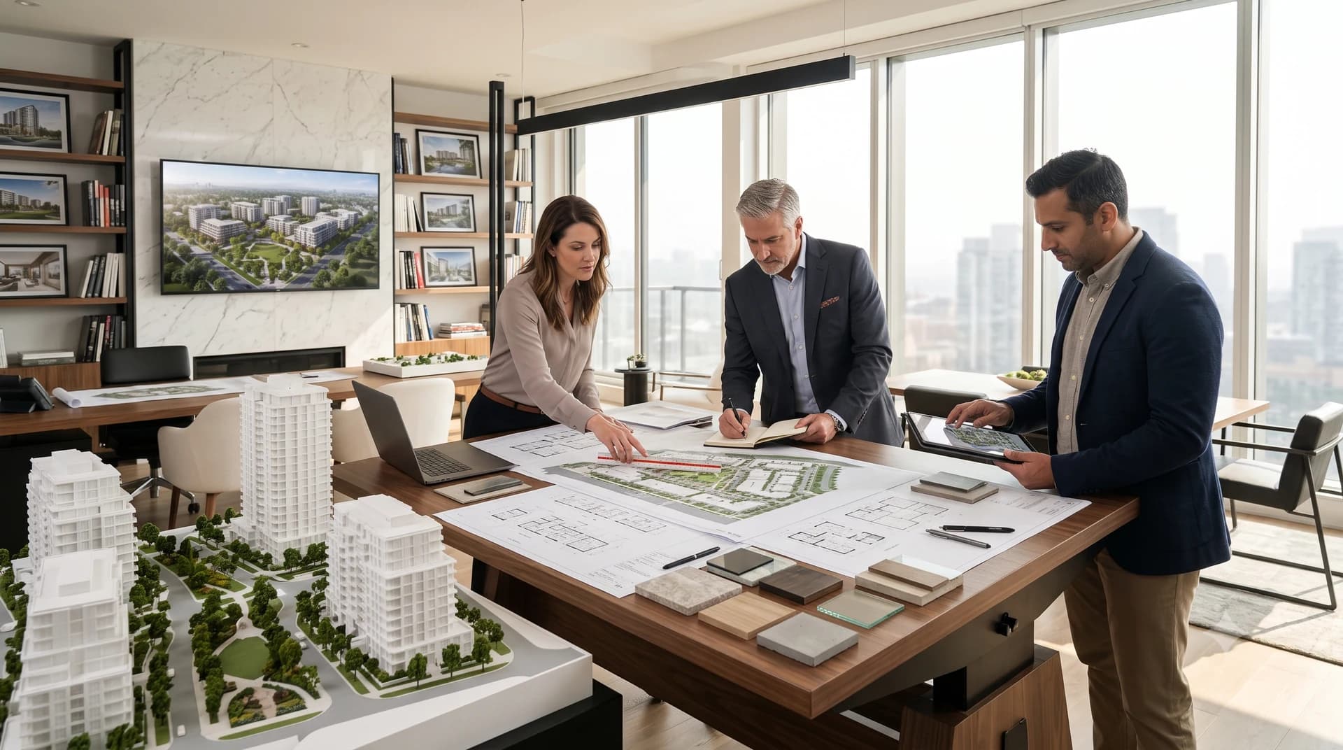 Three people around a studio table spread with floor plans and stone and tile samples, a large white model of the scheme on a table in the foreground
