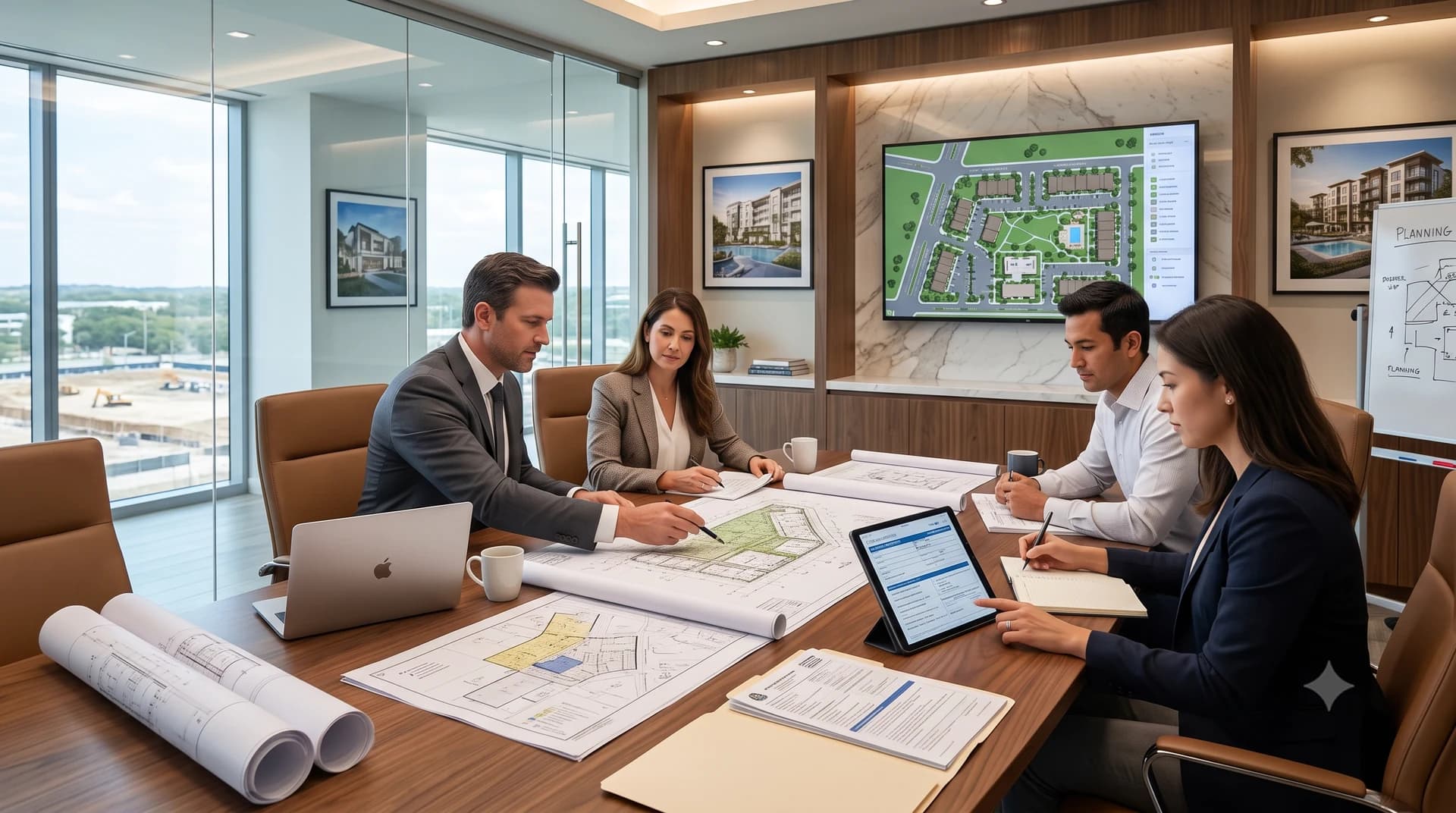 Four people at a meeting-room table with rolled drawings and paperwork in front of them, a colour-coded site plan on the screen behind