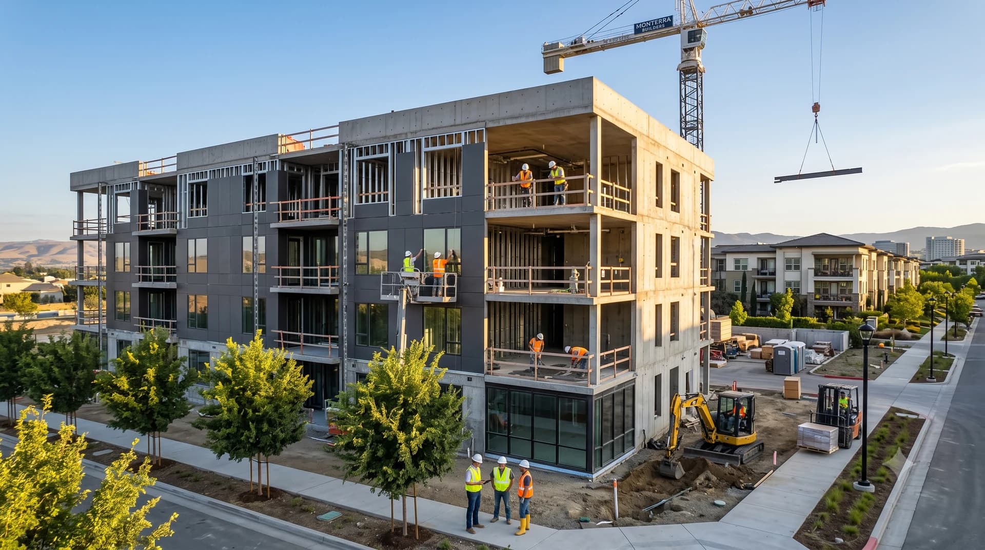 A four-storey building under construction with its frame still exposed, a tower crane lifting a steel beam and workers in high-visibility vests on the deck and at the kerb