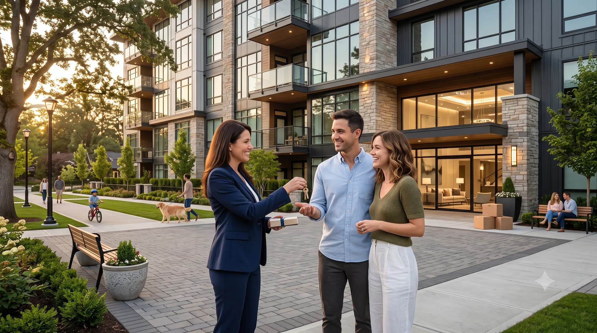 A woman handing keys to a couple on the forecourt of a finished apartment building, with moving boxes stacked by the entrance and residents on the path behind