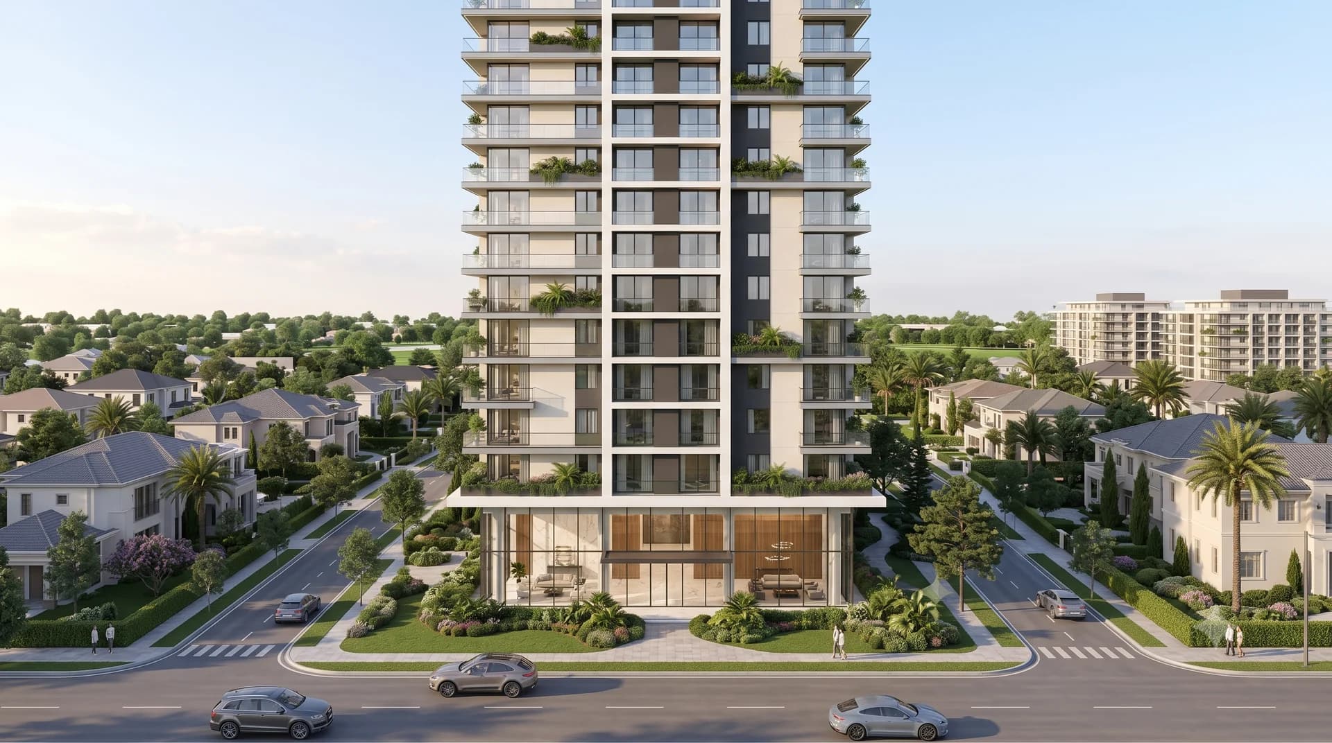 Architectural rendering of Monterra Bay, a condominium tower with planted balconies and a glazed ground-floor lobby, on a tree-lined street of low houses and palms