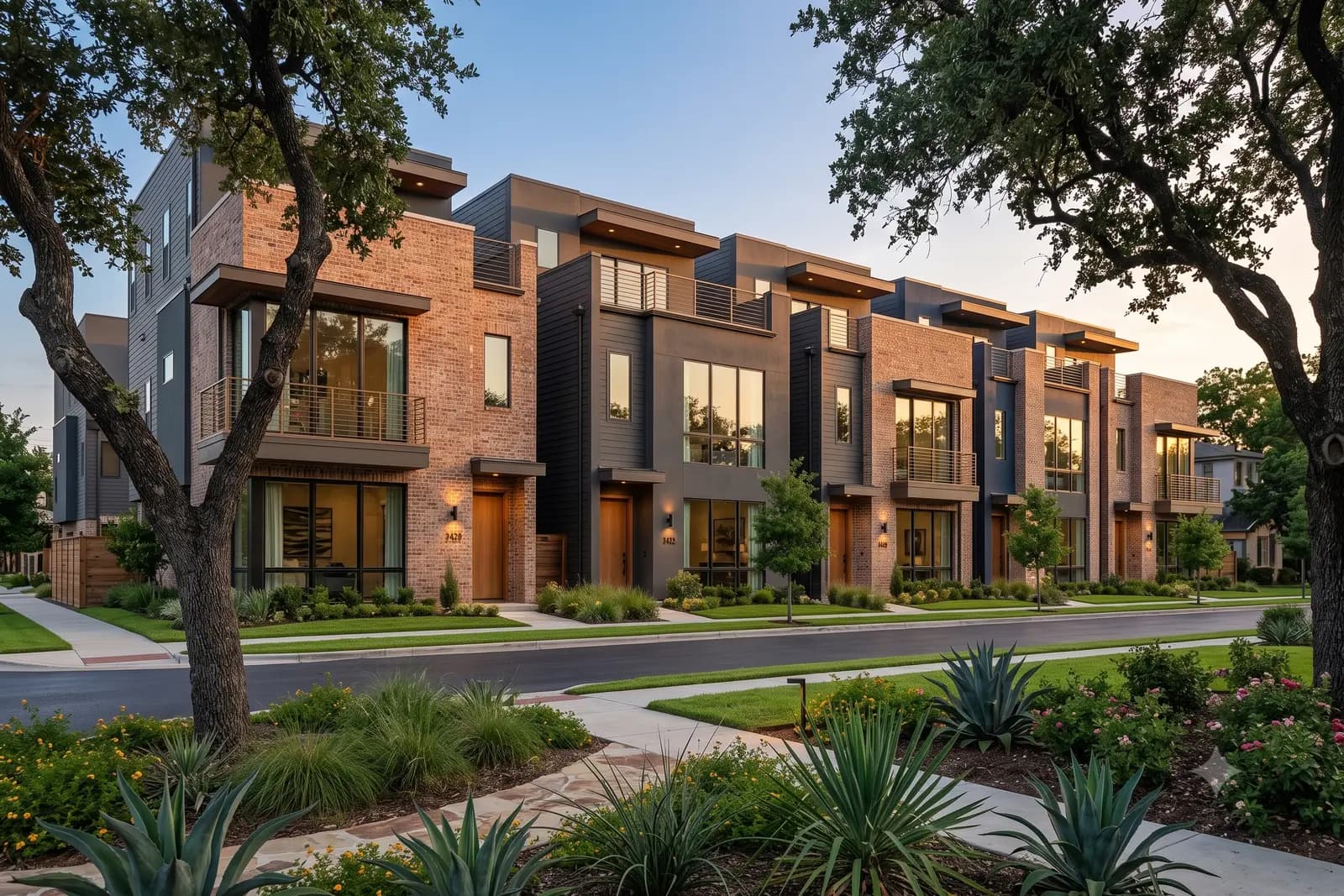 The row seen at an angle from the sidewalk in evening light, three storeys of brick and dark cladding with recessed timber entries and balconies