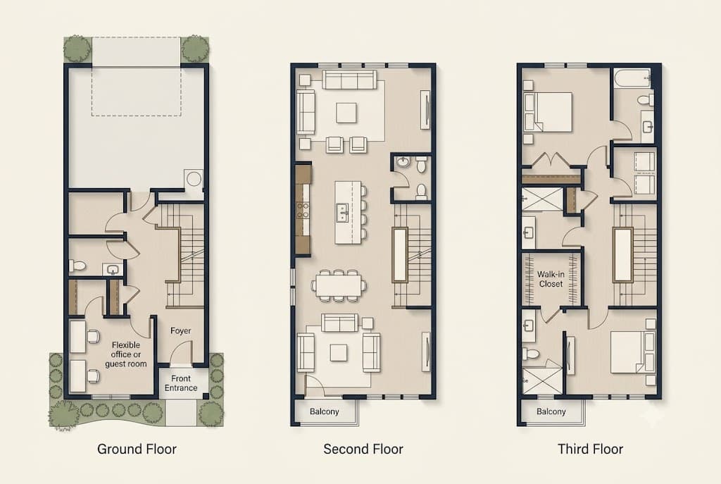 Plan A drawn as three floor plates side by side. Ground floor: a flexible office or guest room off the foyer, with a half bath and the stair. Second floor: one open room holding the kitchen, dining table and living area, with a balcony at the front. Third floor: two bedrooms, a walk-in closet, two bathrooms and a second balcony