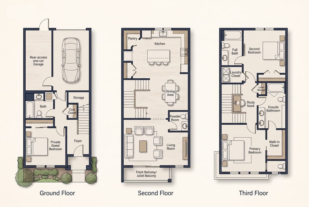 Plan B drawn as three floor plates side by side. Ground floor: a rear-access one-car garage, a private guest bedroom, a bathroom and the foyer. Second floor: a kitchen with a pantry and island, a dining area, a living room and a Juliet balcony. Third floor: a primary bedroom with an ensuite bathroom and walk-in closet, a second bedroom, a full bath, a study nook and a laundry closet