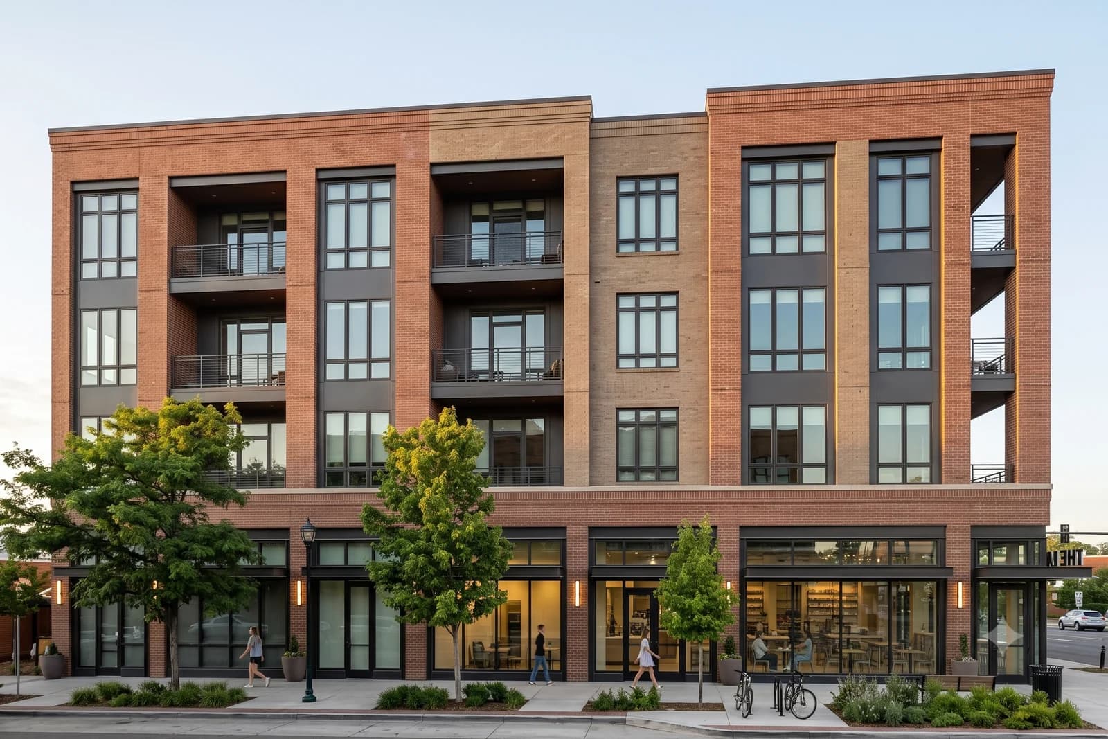 The street elevation in low afternoon sun, brick piers and black-framed windows above three lit retail bays with people passing on the sidewalk