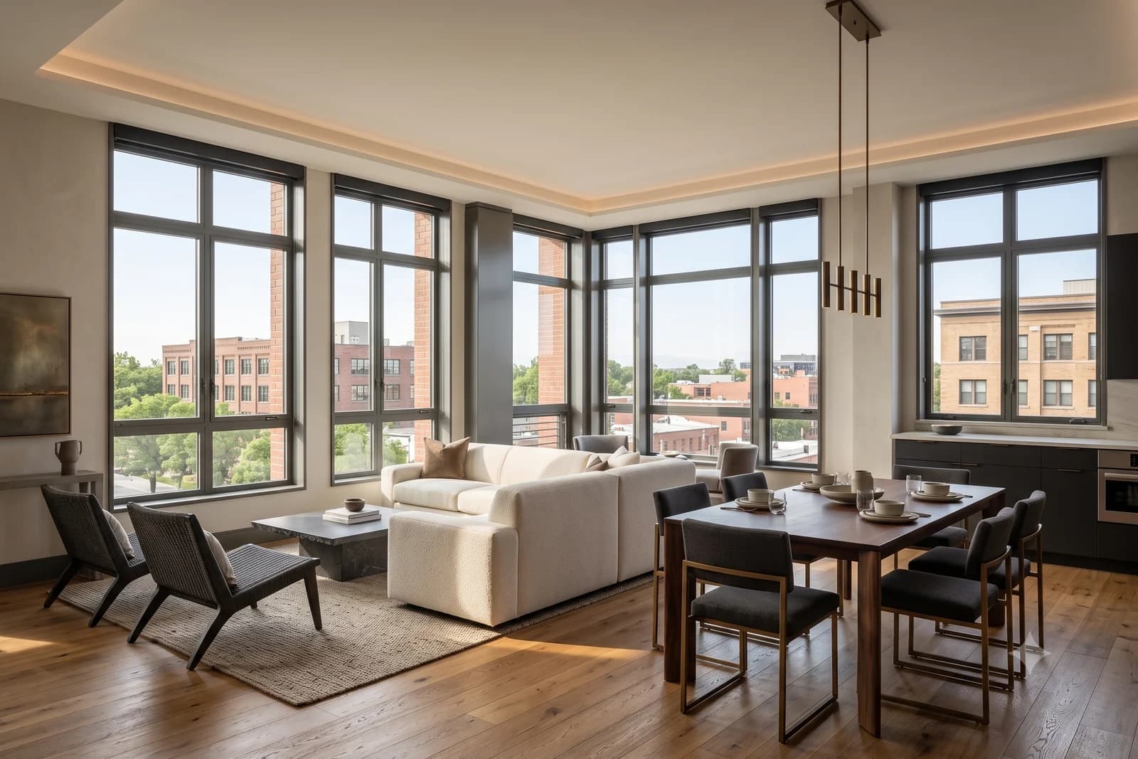 A living and dining room with windows on two sides, oak floors and a view over the brick rooftops opposite
