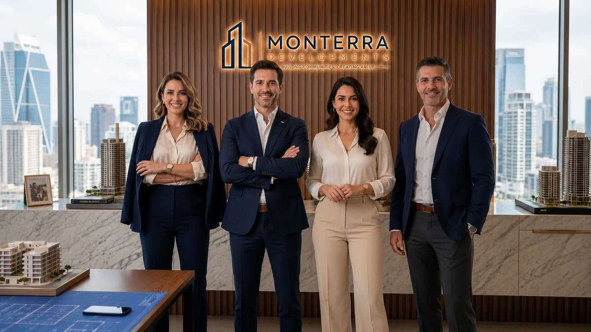 Four Monterra staff in navy and cream business dress standing at a marble counter in front of a slatted wood wall with a lit Monterra Developments sign, scale models of apartment buildings and a blueprint on the table beside them and a city skyline through the windows behind