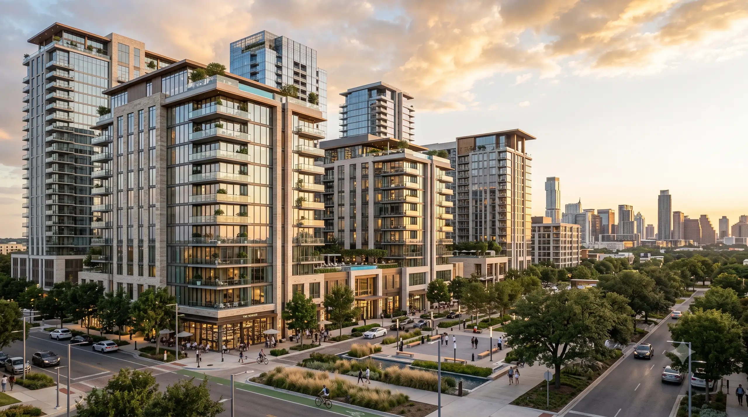 An elevated view at golden hour of a cluster of mid- and high-rise residential buildings with glass balconies and planted roof terraces, ground-floor shops and cafe tables along the street below, a landscaped plaza with a water channel and ornamental grasses, and a downtown skyline in the distance