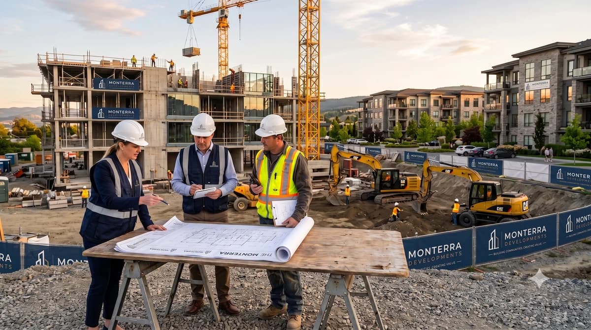 Three Monterra staff in white hard hats and high-visibility vests standing at a plywood trestle table on a construction site, studying an unrolled set of drawings, with a concrete-frame apartment building under scaffolding, a yellow tower crane, two excavators on graded ground and blue Monterra Developments hoarding behind them