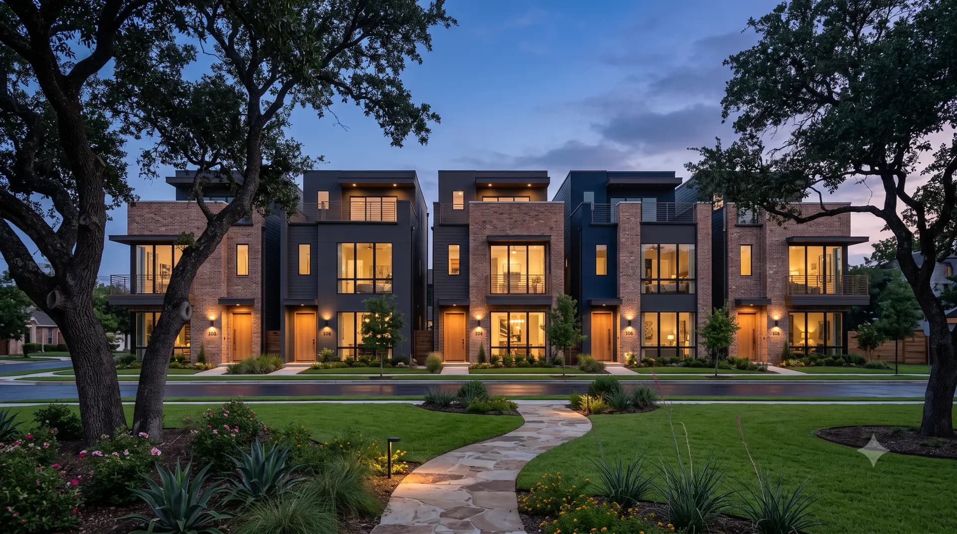 Four townhomes at dusk, brick and dark cladding over three storeys, windows lit and a stone path curving across the lawn in front