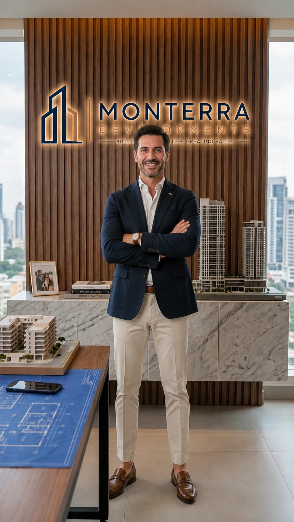Daniel Okonjo in a navy blazer and open-collared shirt, arms folded, in front of the illuminated Monterra Developments sign