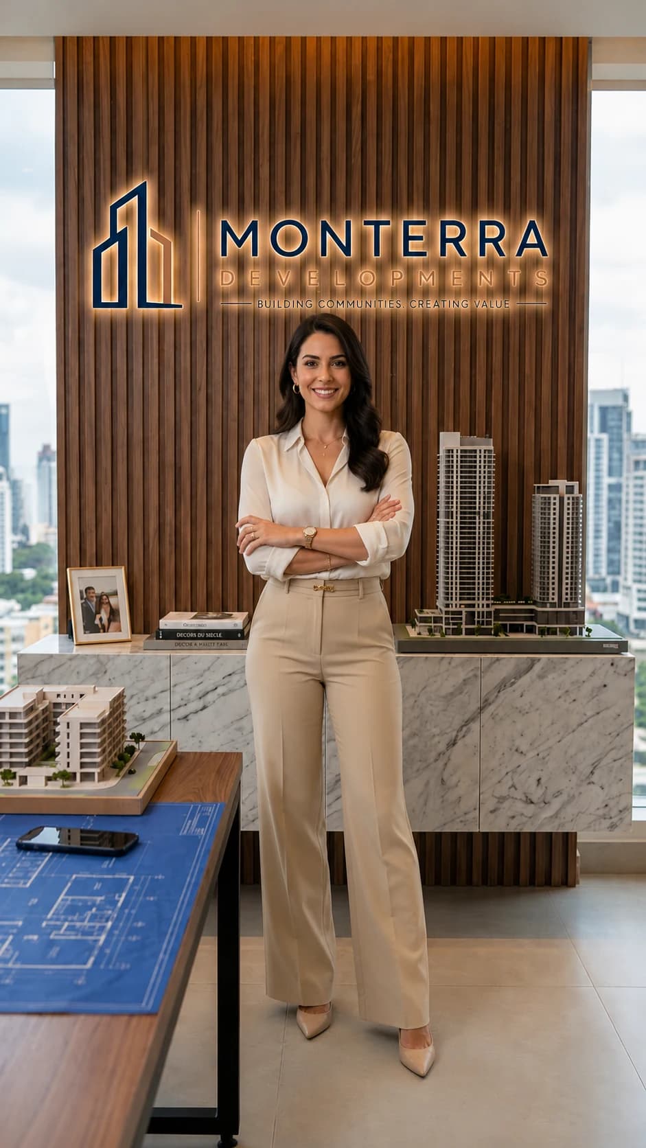 Elena Marsh in a cream blouse, arms folded, in front of the illuminated Monterra Developments sign