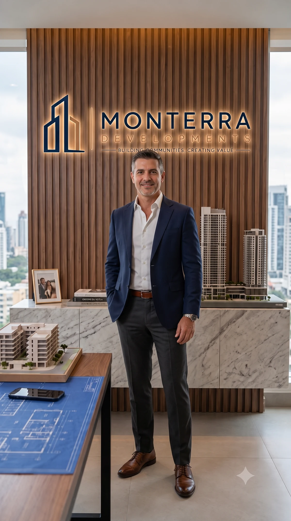Marcus Bell in a navy jacket and open-collared shirt, standing in front of the illuminated Monterra Developments sign