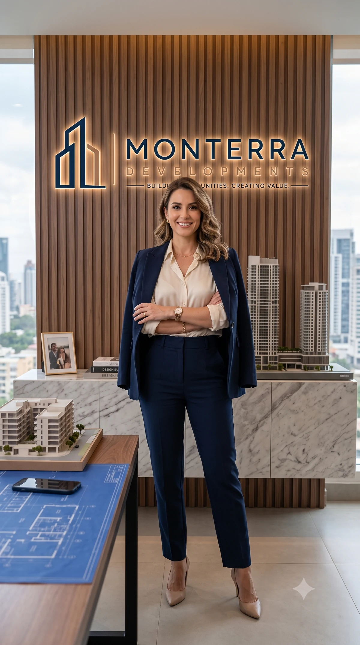Priya Raman in a navy blazer worn over a cream blouse, arms folded, in front of the illuminated Monterra Developments sign